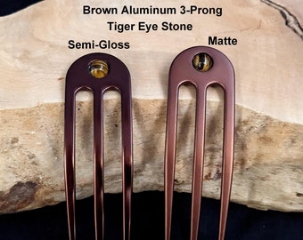 Brown Anodized Aluminum Three Prong Hair Fork 4.9" Curved  Unbreakable Waterproof FPL of 4" Tiger's Eye Mounted Pin Pic Comb Bun Holder