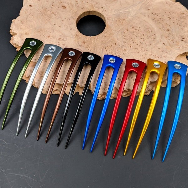 ONE  Anodized Aluminum 6" Curved 2 Prong Hair Fork Pin Pic Stick Waterproof Unbreakable FPL 5" Aqua Black Blue Brown Gold Green Red Silver