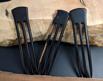 Ebony 6 Inch Three Prong Wooden Straight Hair Fork Pick Pin Pic Comb Stick FPL 4.5" Black with Dark Brown Grain 1 3/8 inch Wide