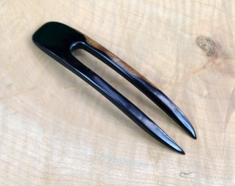 Ebony 4.5 Inch Two Prong Wooden Curved Hair Fork FPL 3.5" Pick Pin Comb Pic Stick Black with Dark Brown Grain  1 inch Wide