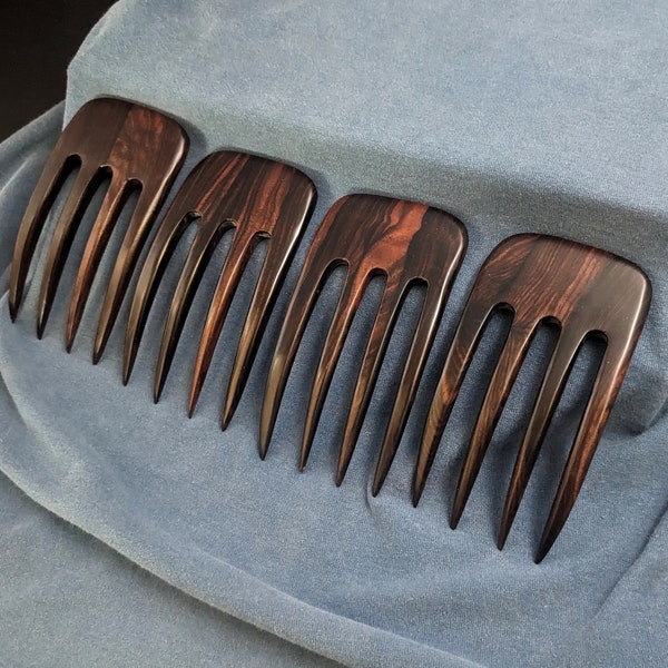 SE Asian Striped Ebony 4 7/8 Inch Wooden Four Prong Curved Hair Fork Comb Pick Pin Stick Pic Black Dark Brown 2 5/8" wide FPL 3 5/8" Strong