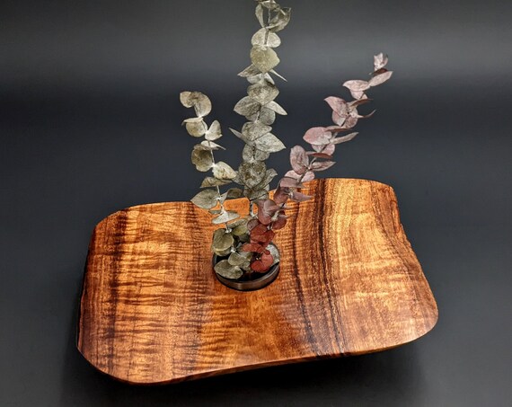 Hawaiian Curly Koa Free Form Ikebana Vase Water Holding Solid Brass w/ Black Pewter Finish Kenzan Pin Frog.KI072722B