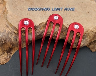 Red or Silver Anodized Aluminum Three Prong Hair Fork 4.9" Curved  Unbreakable Waterproof FPL of 4"  Swarovski Light Rose Gem Pin Pic Comb