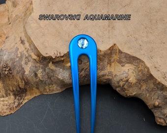 Black or Aqua Anodized Aluminum Two Prong Hair Fork 4.9" Curved  Unbreakable Waterproof FPL 4"  Swarovski Aquamarine Gem Pin Pic Comb