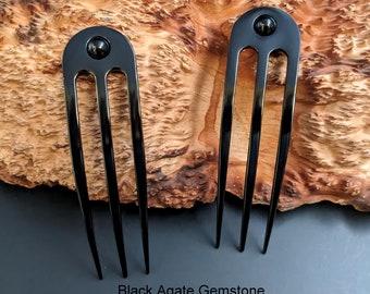 Black Semi-Gloss Anodized Aluminum Three Prong Hair Fork 4.9" Curved  Unbreakable Waterproof FPL of 4"  with Black Agate Stone Pin Pic Comb