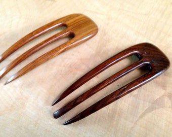 2 Rosewood 4.5 Inch Handmade Wooden Curved 3-Prong Hair Forks Picks Pins Combs Sticks FPL 3.5" Dark Brown fits contour of the Head