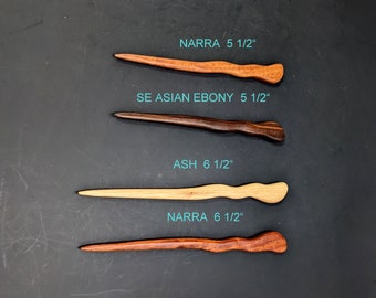 SE Asia Ebony, Ash, or Narra 5 1/2 " or 6 1/2"  Long Shawl Pin  Spiral Hair Stick Pin Pic Black w/ Brown Grain  1/4" Thick 5/8" Widest Pt