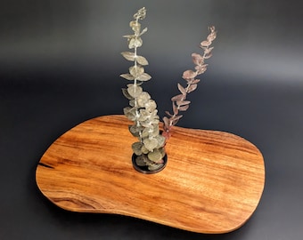 Hawaiian Koa Wood Free Form Ikebana Vase 12" Long X 7" Wide Water Holding Solid Brass Black Pewter  Kenzan Pin Frog KI-112223-A
