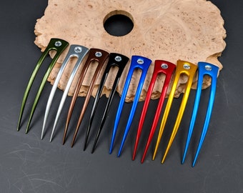 ONE  Anodized Aluminum 6" Curved 2 Prong Hair Fork Pin Pic Stick Waterproof Unbreakable FPL 5" Aqua Black Blue Brown Gold Green Red Silver