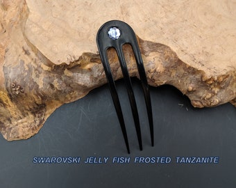 Black Anodized Aluminum Three Prong Hair Fork 4.9" Curved  Unbreakable FPL of 4"  Swarovski  Jelly Fish Frosted Tanzanite Gem Pin Pic Comb