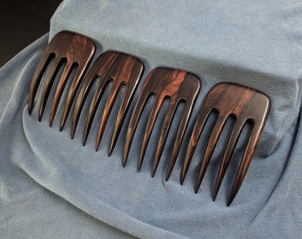 SE Asian Striped Ebony 4 7/8 Inch Wooden Four Prong Curved Hair Fork Comb Pick Pin Stick Pic Black Dark Brown 2 5/8" wide FPL 3 5/8" Strong