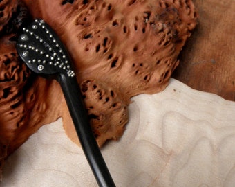 Ebony Wood 6 Inch Black Curved Decorative Hair Stick with Nickle Silver Pins in "Shooting Star" Pattern Pic Clip Pick