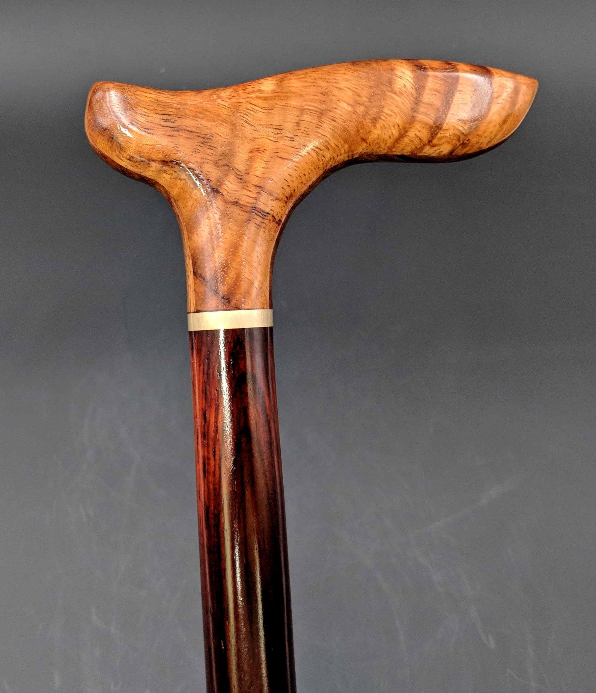 Curly Hawaiian Koa Cane Handle Cocobolo Rosewood Straight Shaft Cane  Walking Stick 35 5/8 long Wooden Semi-Gloss Lacquer KC-053018-A