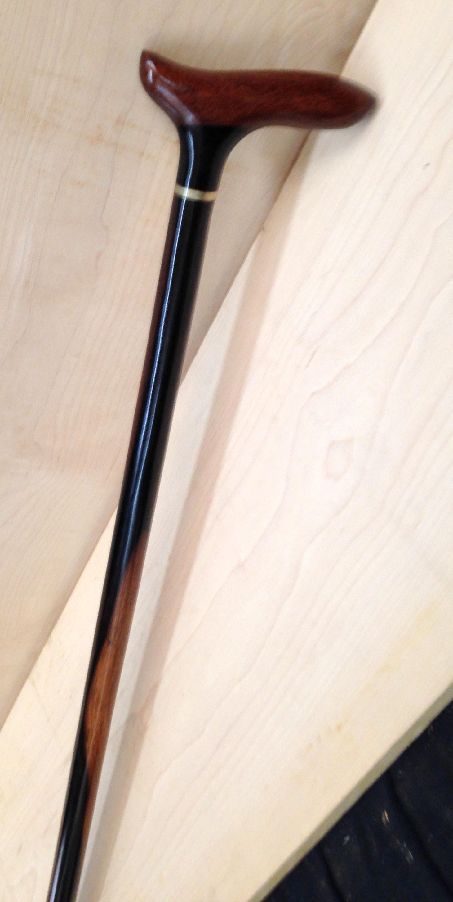 Ebony Walking Stick Cane 36 1/2 Black Dark Brown Stripes Turned Ebony