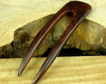 Laos Rosewood 4 3/4 Inch Wooden Two Prong Curved Hair Fork Pick Pin Comb Pic Stick  Deep Red with Blackish Grain 1 1/4" wide FPL 3 1/2"