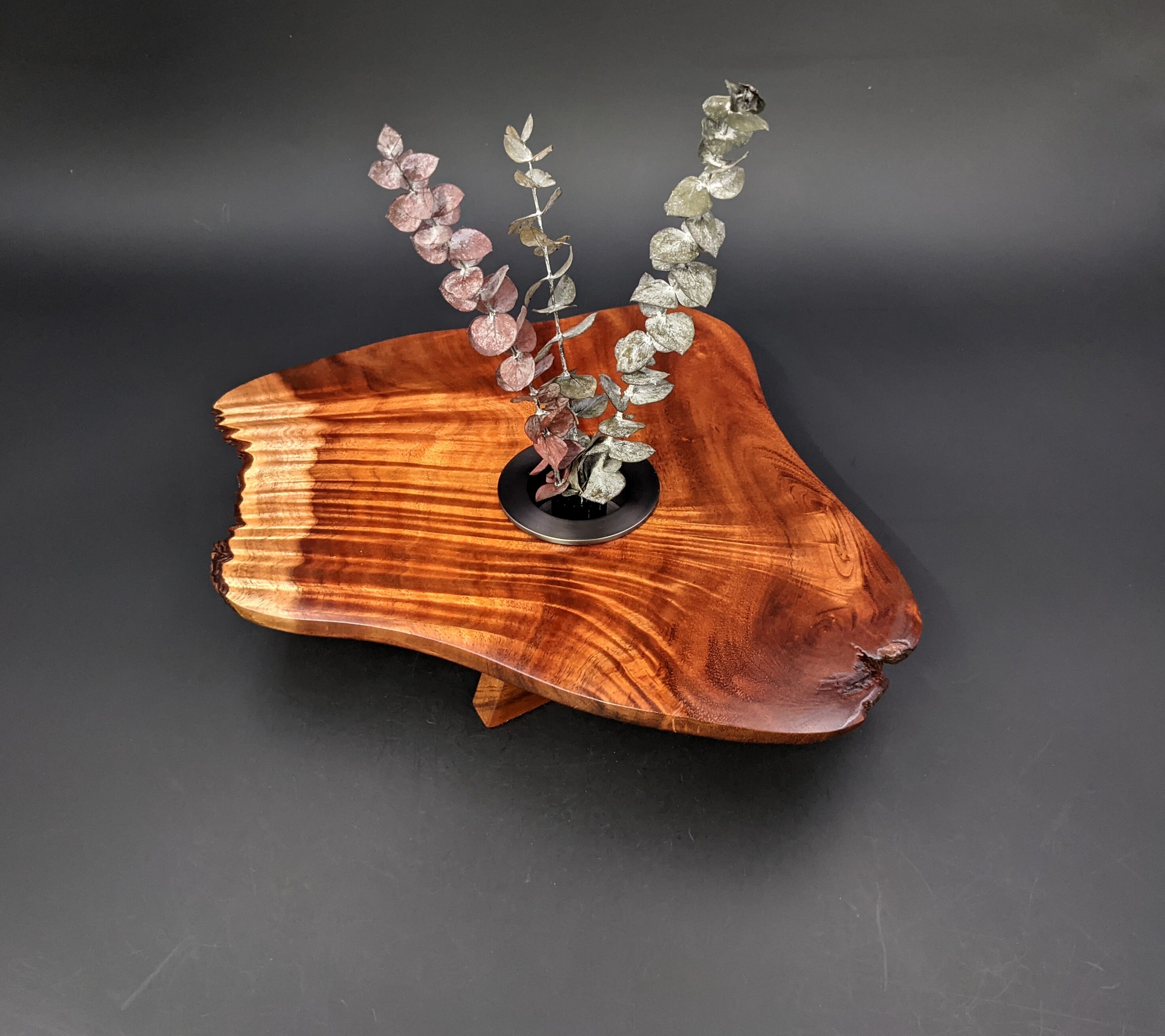 Hawaiian Curly Koa Free Form Ikebana Vase Water Holding Solid Brass w/ Black Pewter Kenzan Pin