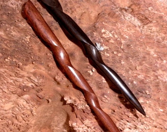 2 Ebony 6 Inch Handmade Conical Spiral Hair Sticks Pic Pin Fork with Groove Running the Length of Stick Black Brown