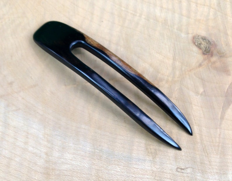 Ebony 4.5 Inch Two Prong Wooden Curved Hair Fork FPL 3.5 Pick Pin Comb Pic Stick Black with Dark Brown Grain 1 inch Wide image 1