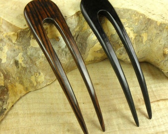 TWO Striped Ebony 4 1/2 Inch Wooden Two Prong Curved Hair Fork Black with Dark Brown Grain 1 " wide FPL 3 3/4" Comb Pin