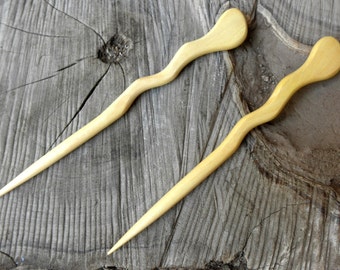 2 Yellow Teak 6 Inch Handmade Spiral Hair Stick Pin Pic Fork Serpent Style