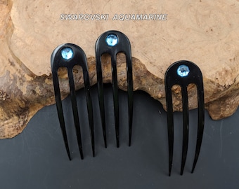 Black  Anodized Aluminum Three Prong Hair Fork 4.9" Curved  Unbreakable Waterproof FPL 4"  Swarovski Aqua Marine Gem Pin Pic Comb