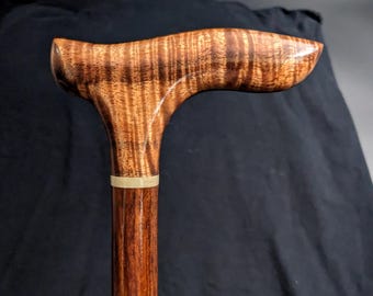 Curly Hawaiian Koa Cane Handle with Turned Spiral Deep Red Rosewood Shaft Cane Walking Stick 36 1/4"(inches) KC021825-C (Will Cut To Size)