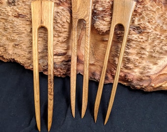 Teak 6 Inch Handmade Straight 2-Prong Hair Fork FPL 4 1/2 " Comb Pic Pin Pick Stick  Tan to Dark Brown Strength to Hold A Lot of Hair
