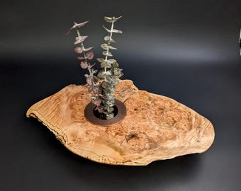 Maple Burl Natural Edge Ikebana Floral Vase 15" long x 10.5" wide Solid Brass w/ Copper antique Finish 3.5" Large Pin Frog. MPI-111124C1