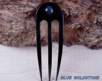 Black Anodized Aluminum Three Prong Hair Fork 4.9" Curved  Unbreakable Waterproof FPL of 4"  with Dakota Stones Blue Goldstone Pin Pic Comb