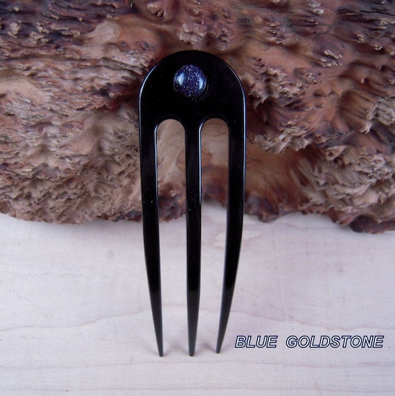 Black Anodized Aluminum Three Prong Hair Fork 4.9" Curved  Unbreakable Waterproof FPL of 4"  with Dakota Stones Blue Goldstone Pin Pic Comb
