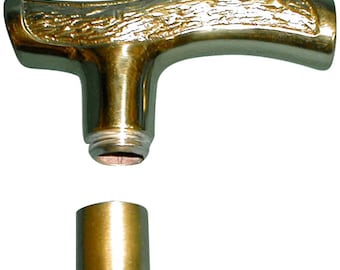 1 Cast Brass Fritz "T" Cane Walking Stick Handle 5" Long 2 5/8" High About 1 " diameter with Sleeve Connector for Your Wooden Shaft