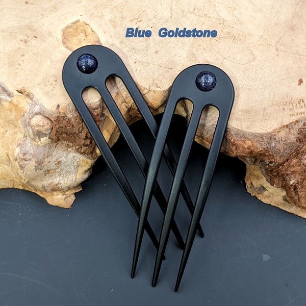 Black Anodized Aluminum Matte Finished 3 Prong Hair Fork 4.9" Curved  Unbreakable Waterproof FPL 4" Dakota Stones Blue Goldstone Pin Pic