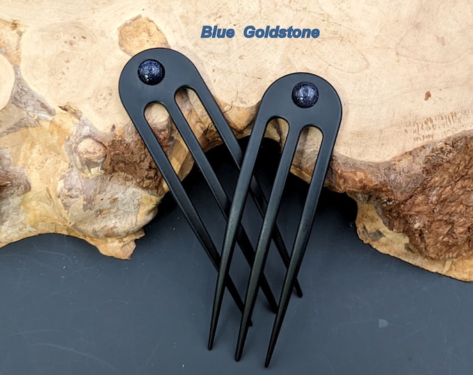 Featured listing image: Black Anodized Aluminum Matte Finished 3 Prong Hair Fork 4.9" Curved  Unbreakable Waterproof FPL 4" Dakota Stones Blue Goldstone Pin Pic
