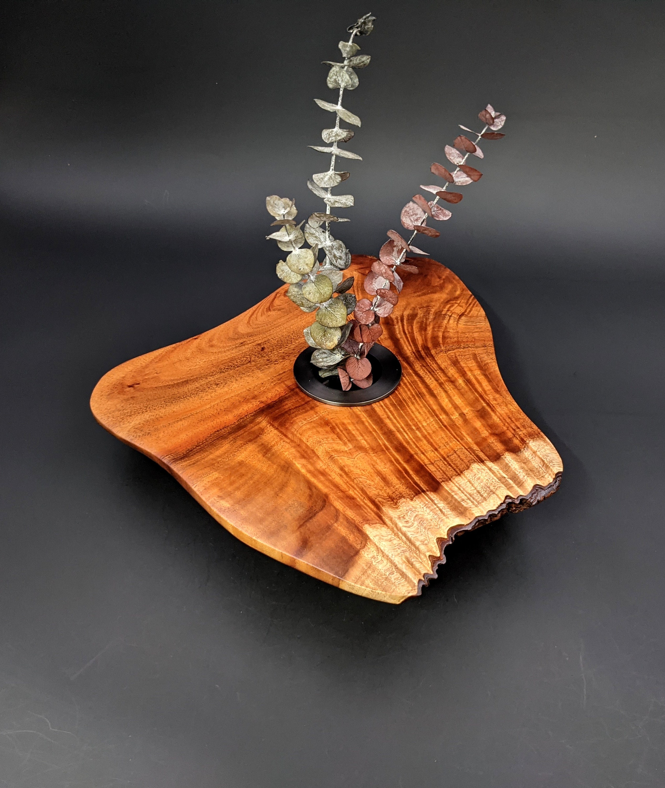 Hawaiian Curly Koa Free Form Ikebana Vase Water Holding Solid Brass w/ Black Pewter Kenzan Pin