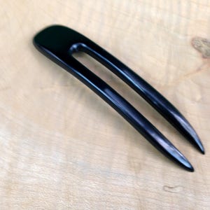 Ebony 4.5 Inch Two Prong Wooden Curved Hair Fork FPL 3.5 Pick Pin Comb Pic Stick Black with Dark Brown Grain 1 inch Wide image 3