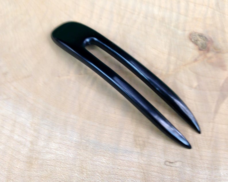 Ebony 4.5 Inch Two Prong Wooden Curved Hair Fork FPL 3.5 Pick Pin Comb Pic Stick Black with Dark Brown Grain 1 inch Wide image 3