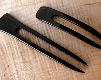 Two Ebony Two Prong Hair Forks Picks Pins Pics Black Dark Brown Grain 1 inch Wide  One 4.5" Curved and One 6 Inch Straight FPL 3.5" and 4.5"