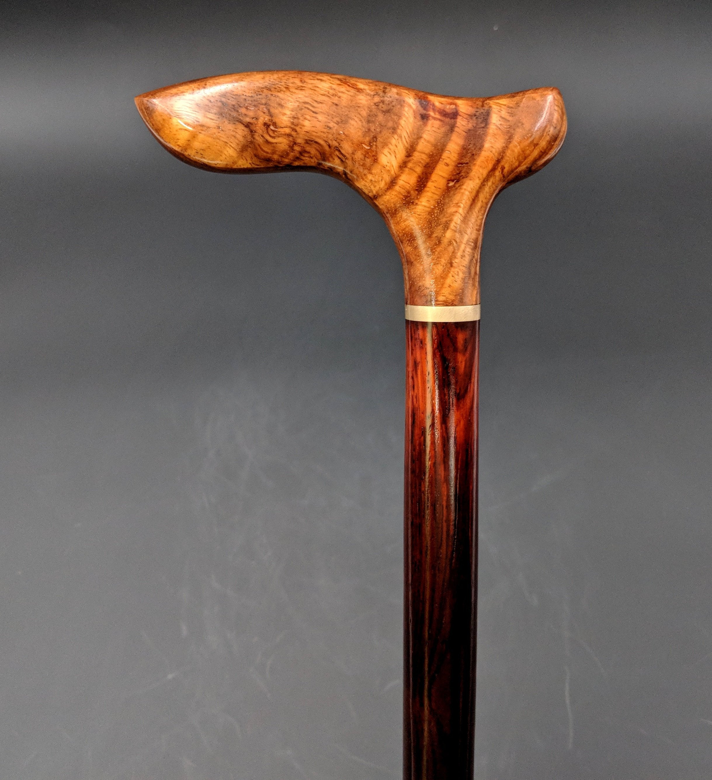 Curly Hawaiian Koa Cane Handle Cocobolo Rosewood Straight Shaft Cane  Walking Stick 35 5/8 long Wooden Semi-Gloss Lacquer KC-053018-A