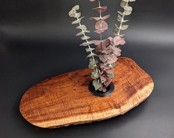 Hawaiian Curly Koa Free Form Ikebana Vase 15" long X 6 to 7" wide Water Holding Solid Brass Black Pewter  Kenzan Pin Frog. KI-111323-A