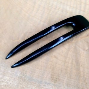 Ebony 4.5 Inch Two Prong Wooden Curved Hair Fork FPL 3.5 Pick Pin Comb Pic Stick Black with Dark Brown Grain 1 inch Wide image 5