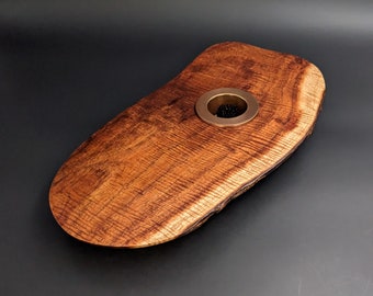 Hawaiian Curly Koa Free Form Ikebana Vase 15" long X 6 to 7" wide Water Holding Solid Brass Black Pewter  Kenzan Pin Frog. KI-111323-A