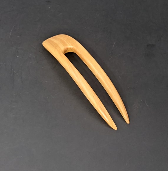 Yellow Teak  4.5 Inch Handmade Wooden Curved 2-Prong Hair Fork Pick Pin Pic Comb Stick FPL 3.5" Yellow which fits contour of the Head