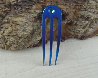 Aqua Anodized Aluminum Three Prong Hair Fork 4.9" Curved  Unbreakable Waterproof FPL 4" Aquamarine Swarovski Chessboard Stone Pin Pic Comb