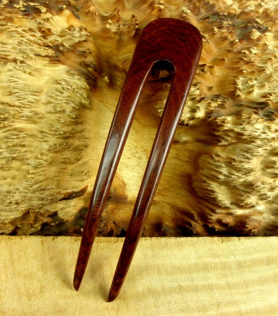 Laos Rosewood 5 Inch Two Prong Curved Hair Fork Deep Red  display picture 1