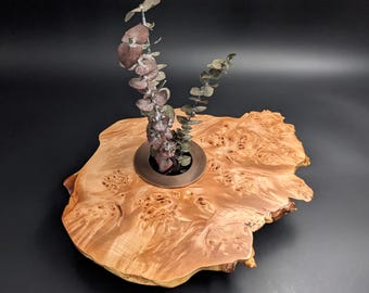 Maple Burl Natural Edge Ikebana Floral Vase 13" long x 10" wide with Solid Brass w/ Copper antique Finish 3.5" Large Pin Frog. MPI-112425