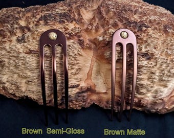 Brown Anodized Aluminum Three Prong Hair Fork 4.9" Curved  Waterproof FPL of 4" Picture Stone Cabochon Mounted Pin Pic Comb Bun Holder