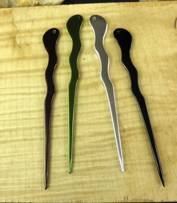 TWO  6"  Semi-gloss Anodized Aluminum  Metal Spiral Hair Sticks  Hair Fork Shawl Pin Pick Unbreakable Waterproof  Black Brown Green Silver