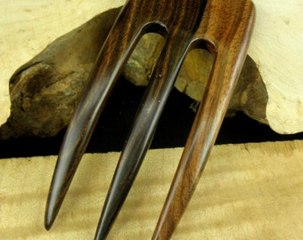 Striped Ebony 4 7/8 Inch Three Prong Curved Hair Fork FPL 3 1/2" Comb Pic Pin Pick Stick Black with Dark Brown Grain 2" wide