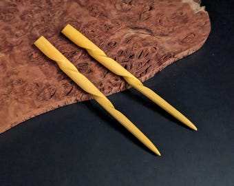 2 "Yellow Teak" 6 Inch Wooden Conical Spiral Hair Stick Pin Pic Fork Pick Bun Holder with Tapered Groove Running the Length of the Stick