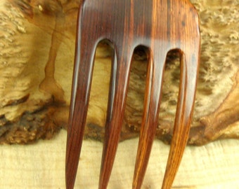 Laos Rosewood 4 7/8 Inch Four Prong Curved Hair Fork Pick Pin Comb Pic Stick Deep Red with Blackish Grain 2 5/8" wide FPL 3 5/8"  Strong